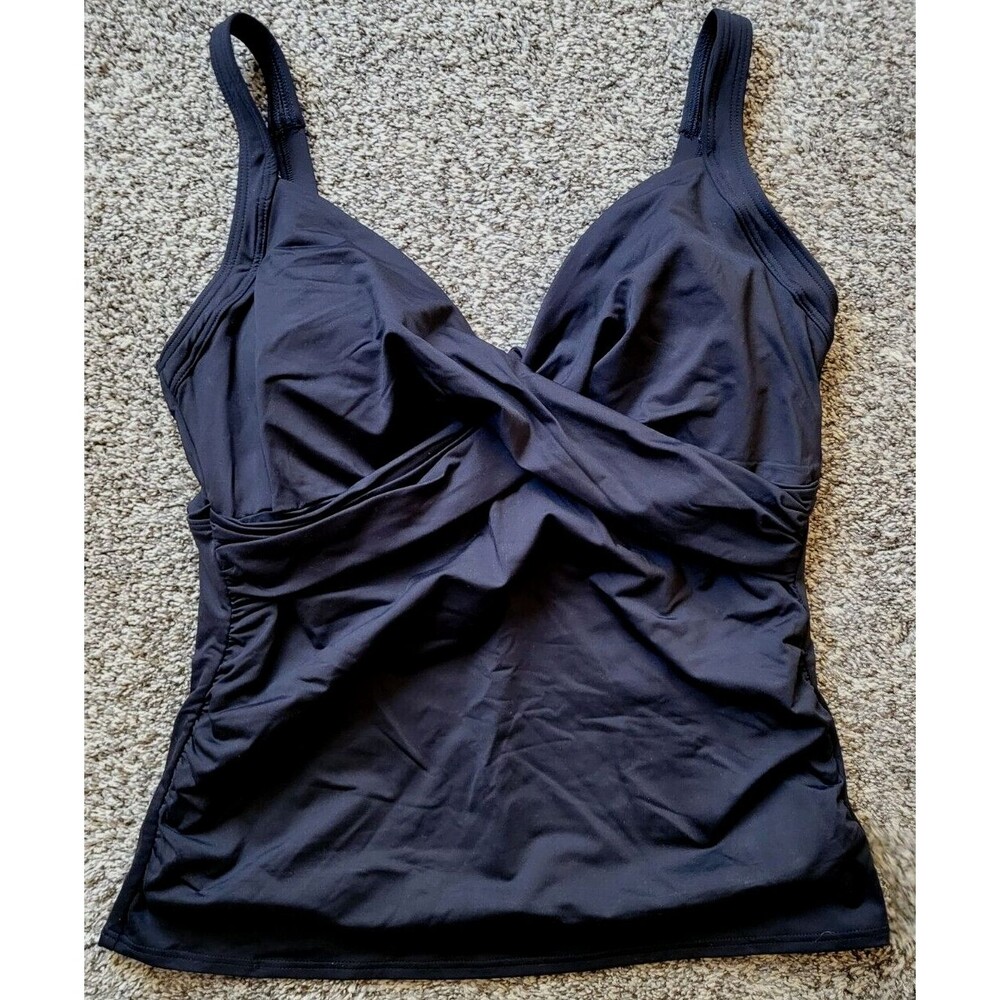 Swim Top Black 18 DD Wrap Front XL Solid Underwire Tummy Control Lands End S918